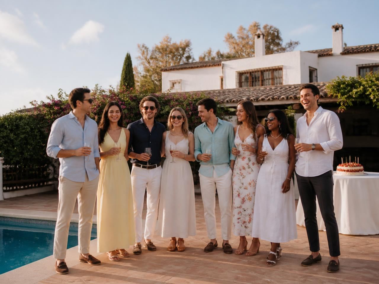 Catering Mijas — invitados de pie con bebidas y bocados en un evento en villa