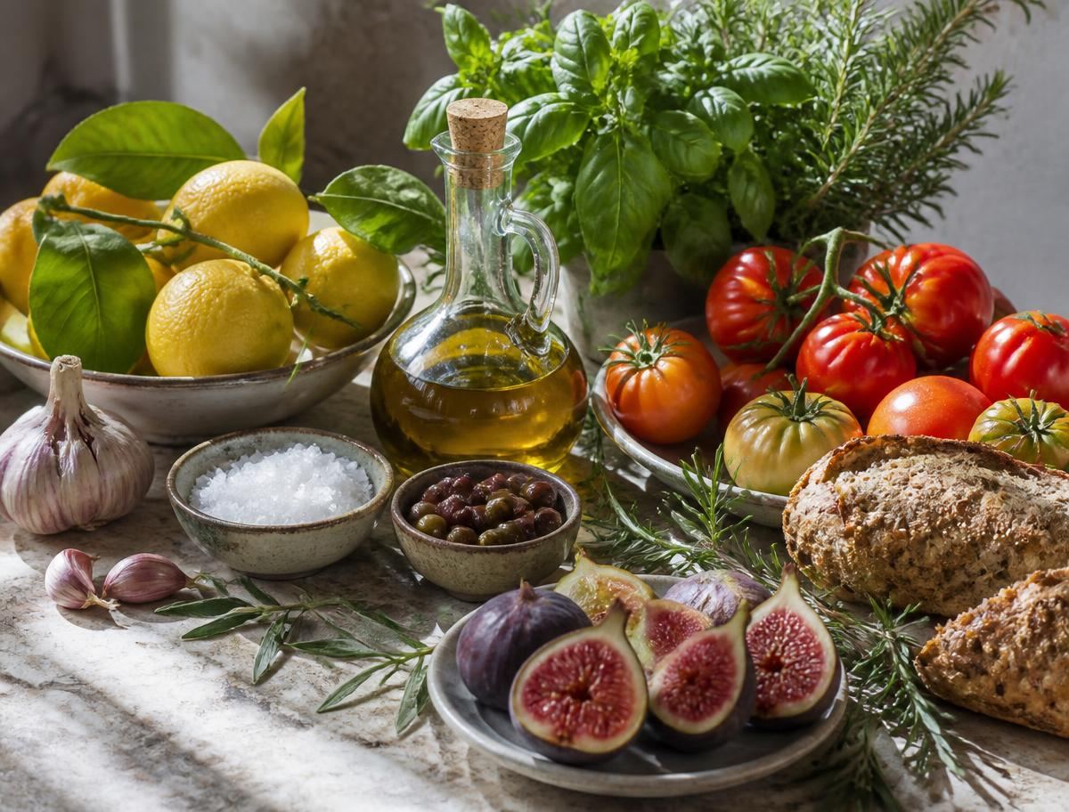 Fresh Mediterranean ingredients including lemons, tomatoes and olive oil