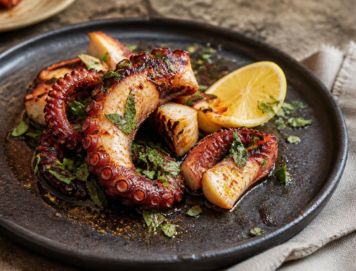 Grilled octopus with lemon and herbs on handmade ceramics
