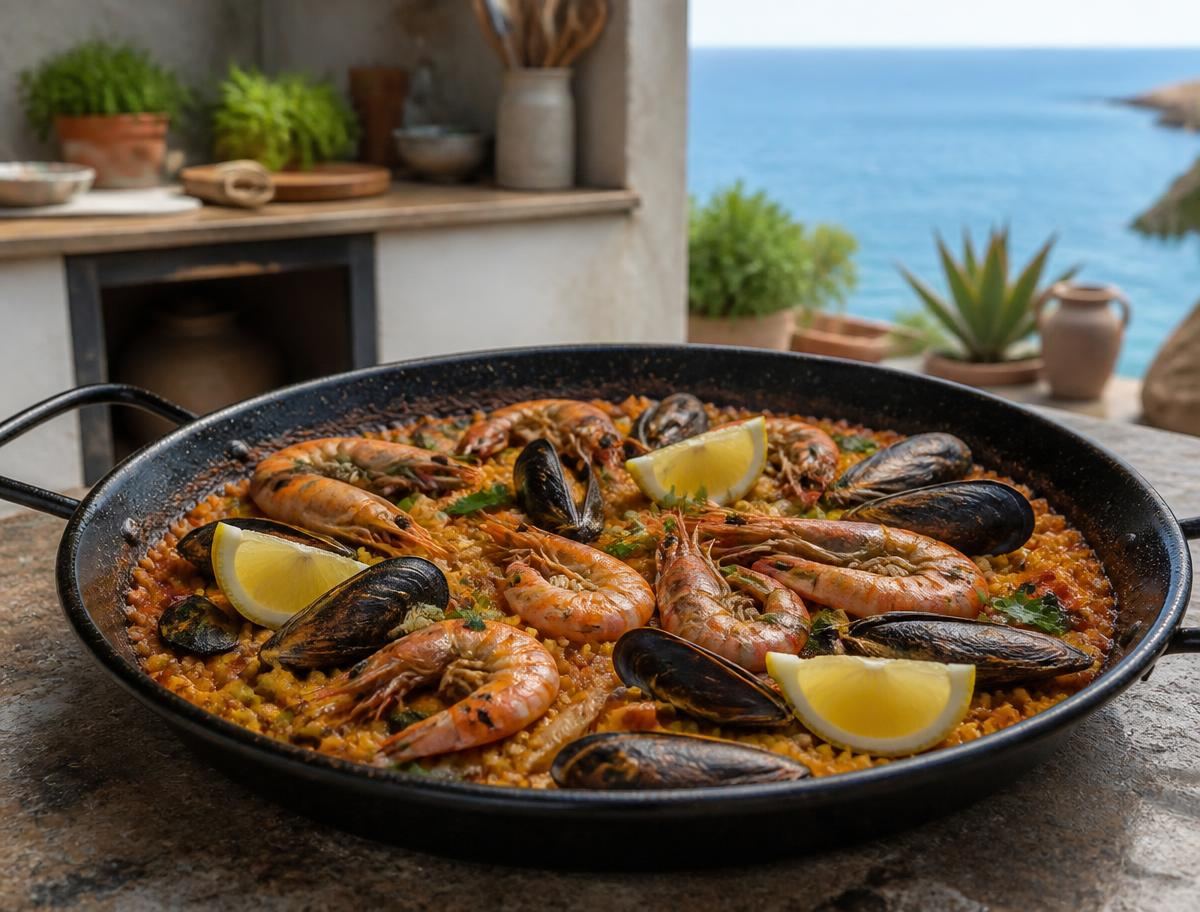 Fresh seafood paella with a Mediterranean sea view