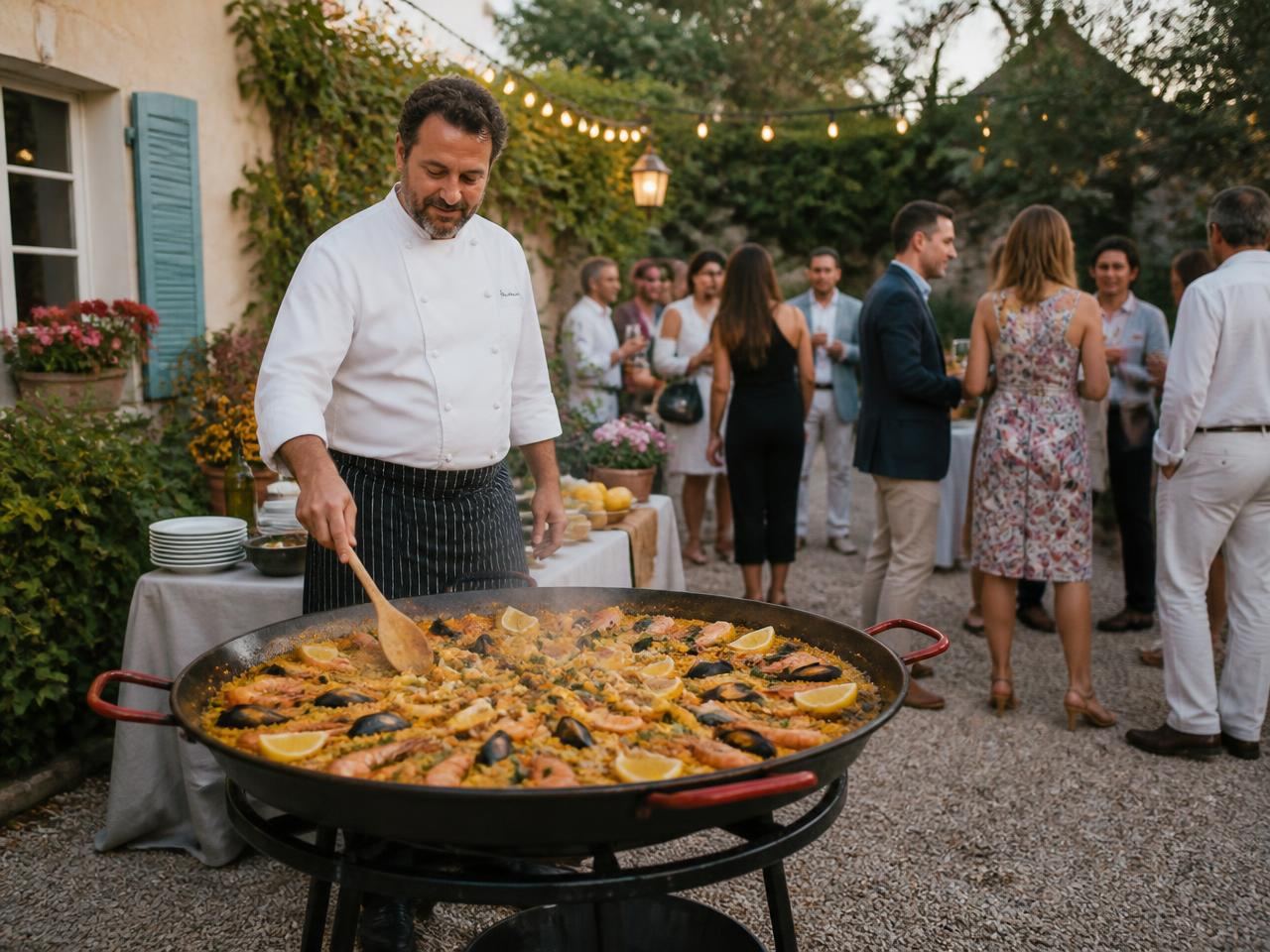 Catering Estepona — paella con gambas, mejillones y azafrán