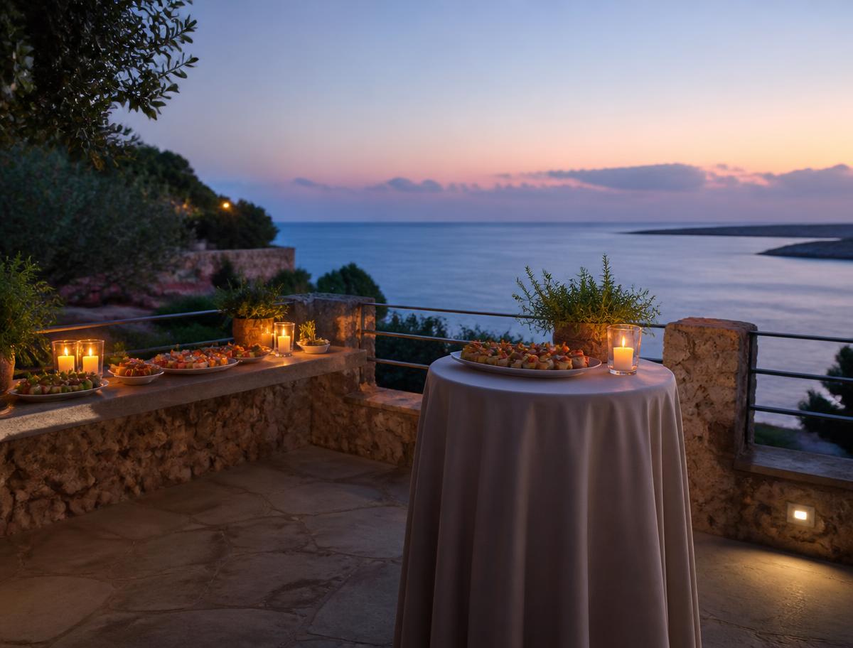 Walking bites prepared on a Mediterranean terrace at sunset