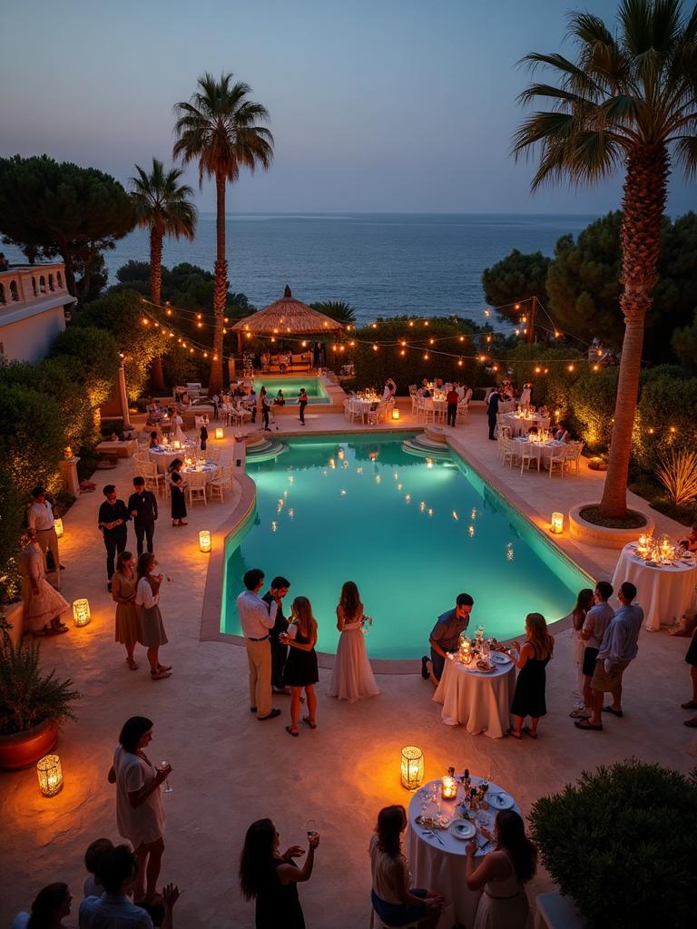 Catering en villa Marbella — recepción de pie en una villa de lujo con piscina